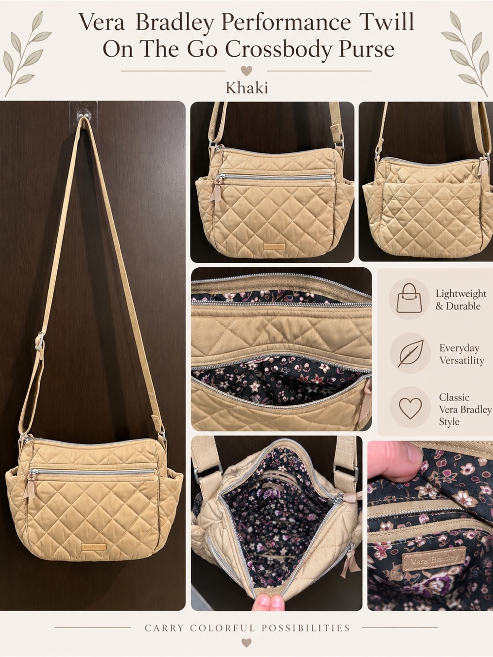 Vera Bradley Khaki Quilted Crossbody with Floral Interior